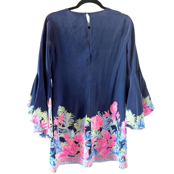 Lilly Pulitzer Silk Bell Sleeve Dress Navy Floral V-Neck Size S - Minor Flaws - Picture 2 of 6